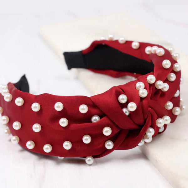 Burgundy Pearl Beaded Knott Headband Womens Casual Classic Valentines Accessory