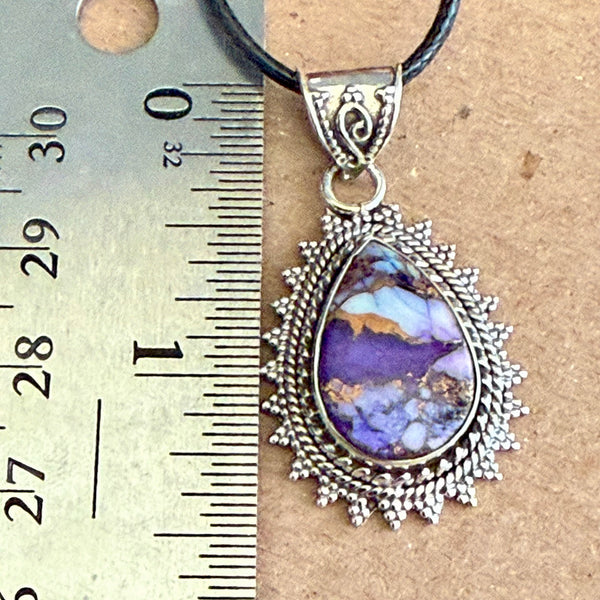 Southwestern Purple Copper Dahlia Turquoise Teardrop Pendant Sterling Silver