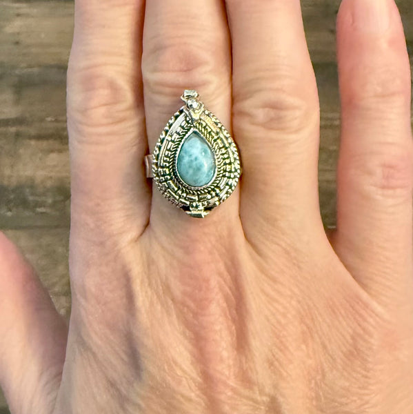 Beautiful Larimar Poison Pillbox Locket Ring Womens Sterling Silver Boho New Size 8