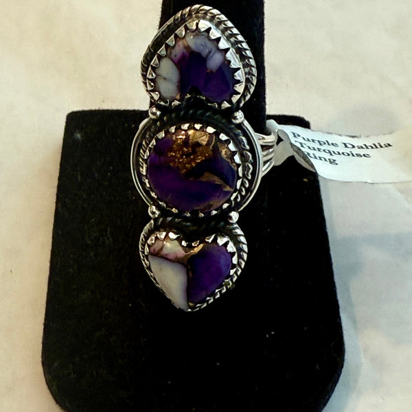 Southwestern Purple Copper Dahlia Turquoise Boho Statement Ring Sterling Silver