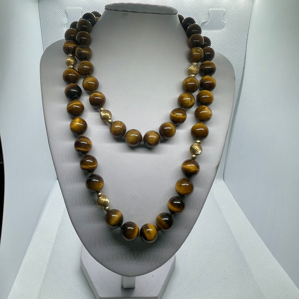 Vintage Tiger Eye Single 30” Strand Beaded Natural Gemstone Long Necklace