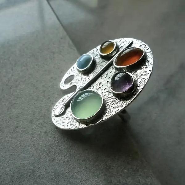 Rainbow Gemstone Painter Palette Design Womens Colorful Casual Adjustable Ring