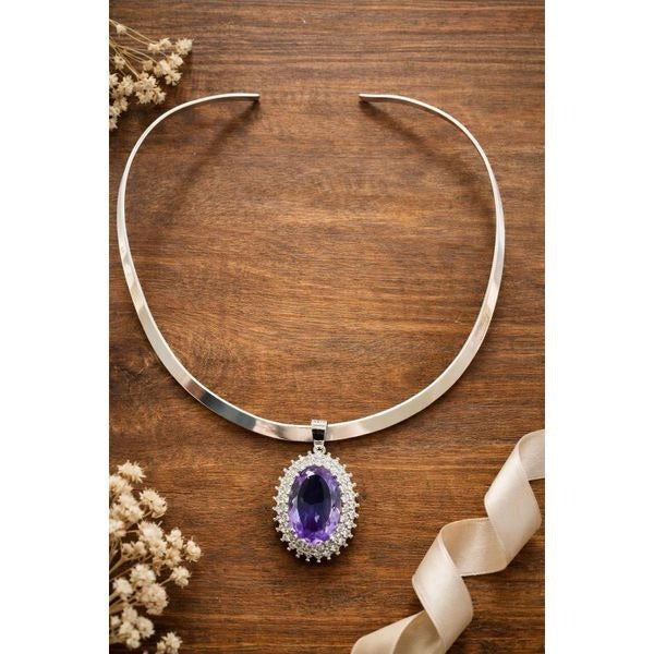 Silver Choker Torque Necklace Amethyst Crystal Pendant