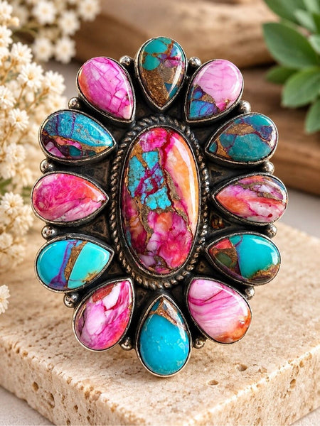 Southwestern Pink Dahlia Turquoise Statement Silver Ring Boho Artisan Design 7