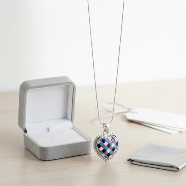 New Multi-Stone Heart Pendant Necklace Sterling Silver Southwest Inlay Artisan