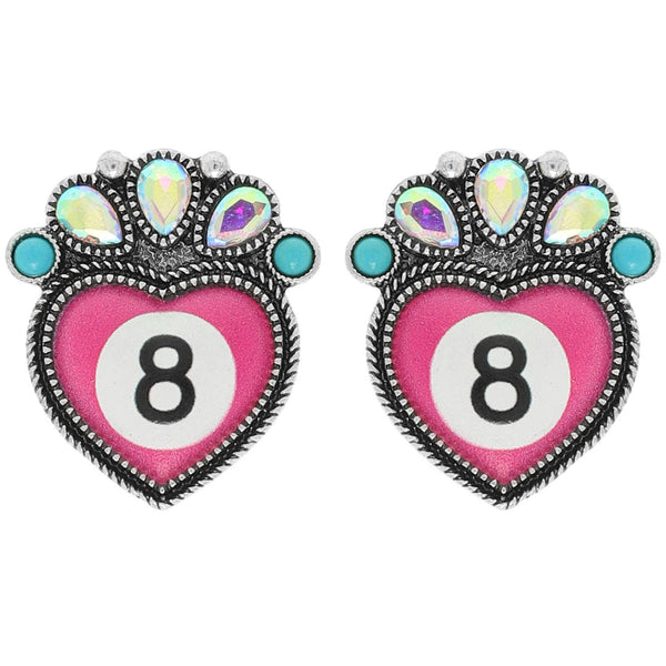 Western Turquoise Crystal Embellished 8 Ball Heart Earrings