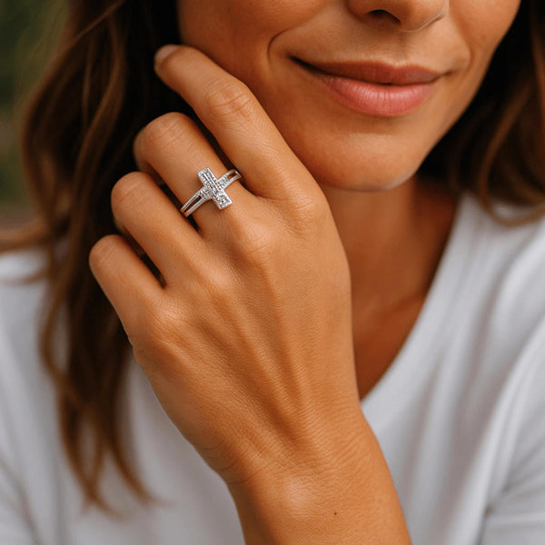 Sterling Silver Sideway Cross CZ Ring Size 6 New