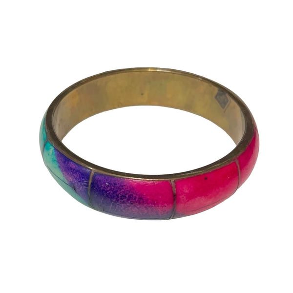 Vintage 70’s Style Vibe Chunky Brass Bangle Womens Casual Rainbow Boho Bracelet