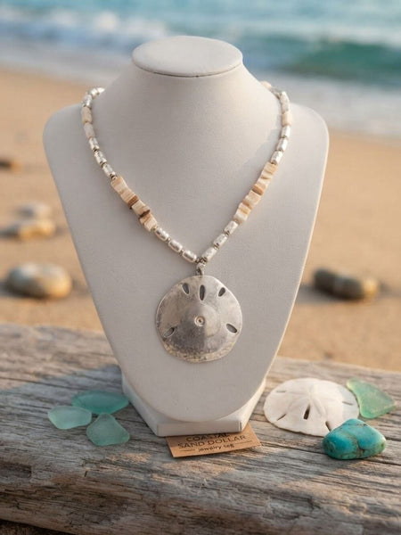 Coastal Sand Dollar Pendant Necklace 36 Long Boho Silver Beaded Beach Jewelry