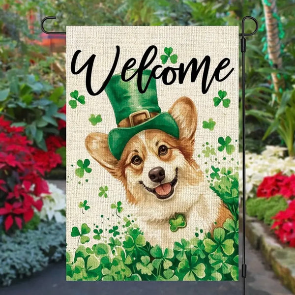 St Patricks Day Corgi Dog Garden Flag Shamrock Clover Welcome Yard Holiday Decor
