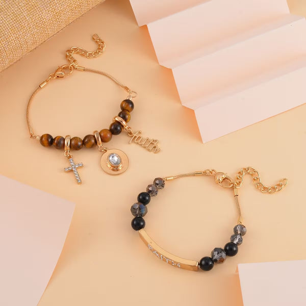 Black Agate Tiger's Eye and Multi Gemstone Set of 2 Faith Adjustable Bracelets
