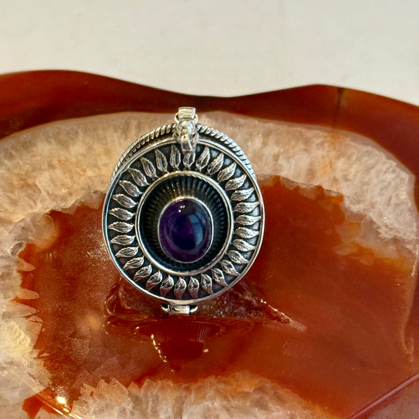 Natural Amethyst Cabochon Poison Pillbox Locket Ring Boho Sterling Silver New