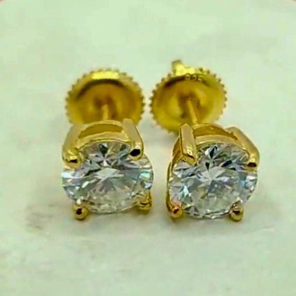 Stunning 6.5mm Moissanite Round Screw Back 18k Gold Solitaire Stud Earrings 2ctw