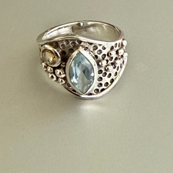 Natural Blue Topaz And Citrine Sterling Silver Ring Marquise Cut Bali Framed 7