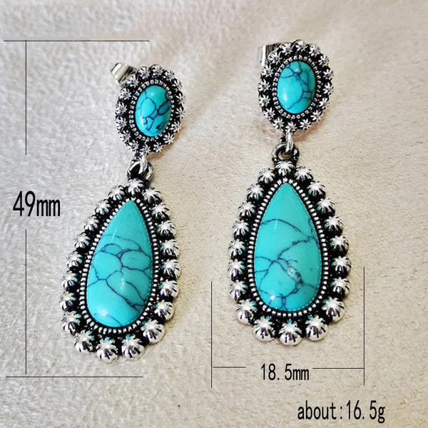 Western Boho Tibetan Natural Turquoise Dangle Teardrop Earrings Womens Casual