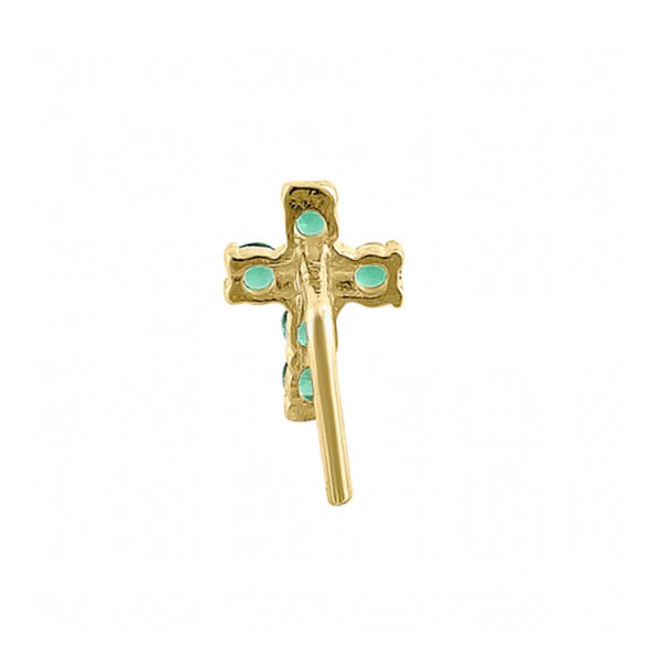 Solid 14K Yellow Gold Cross Emerald Green CZ Nose Stud New