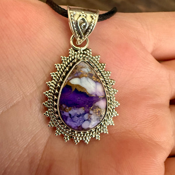 Southwestern Purple Copper Dahlia Turquoise Teardrop Pendant Sterling Silver