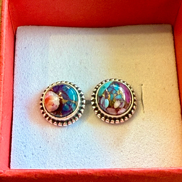 Southwestern Multi Color Dahlia Turquoise Dainty Stud Silver Earrings Handmade