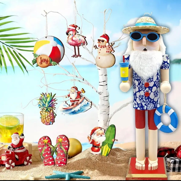 Wooden Nutcracker Figurine Unique Hawaiian Beach Vibe Style Christmas Home Decor