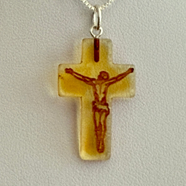 Cognac Amber Carved Cameo Cross Crucifix Pendant Sterling Silver Necklace