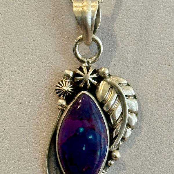Southwestern Mojave Purple Turquoise Marquise  Pendant Necklace Sterling Silver