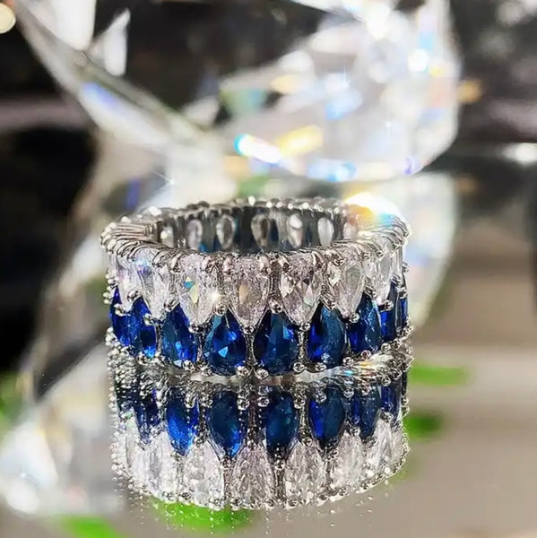 Sapphire CZ Waterdrop Crystal Double Row Eternity Ring Womens Size 8.75