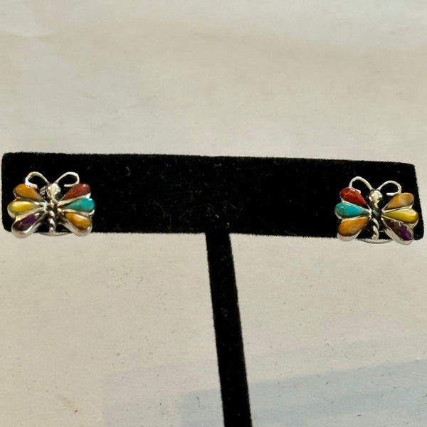 Southwestern Multi Gemstone Inlay Butterfly Dainty Stud Push Back Earrings New