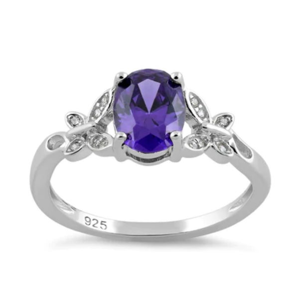 Sterling Silver Double Butterfly Amethyst Center Stone Ring Size 6