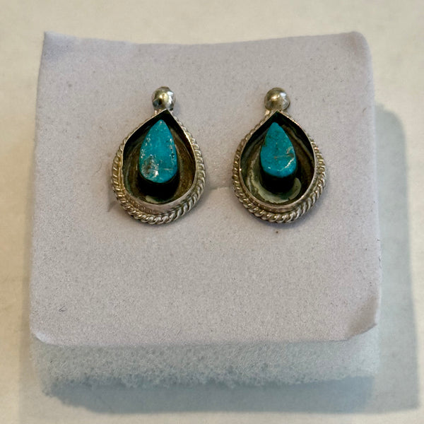 Vintage Southwestern Blue Turquoise Dainty Stud Silver Earrings Handmade New