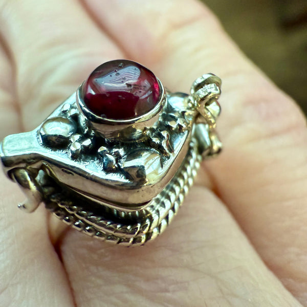 Round Cut Red Garnet Gemstone Poison Locket Box Ring Boho Sterling Silver New