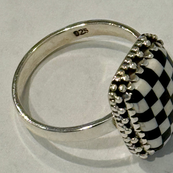 Trendy Southwest Onyx & Mother Of Pearl Checkerboard Sterling Silver Boho Ring