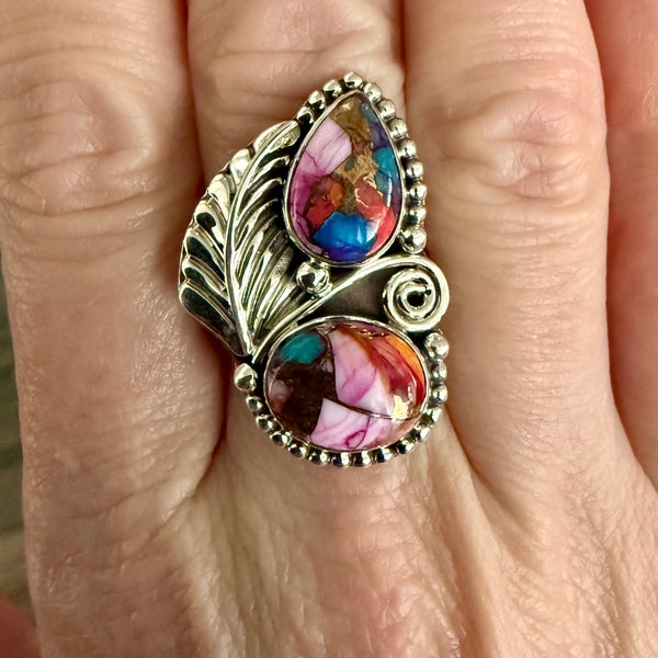 Unique Pink Dahlia Copper Turquoise Statement Ring Southwestern Double Stone 9