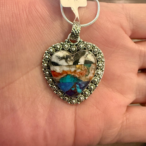 Southwestern Multi Turquoise Heart Pendant Necklace Floral Sterling Silver New