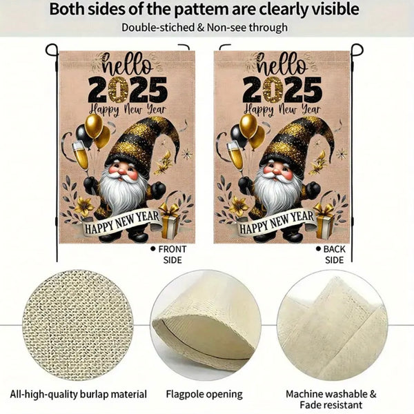 Happy New Year Garden Flag Holiday Gnome Fireworks Home Decor Brand New