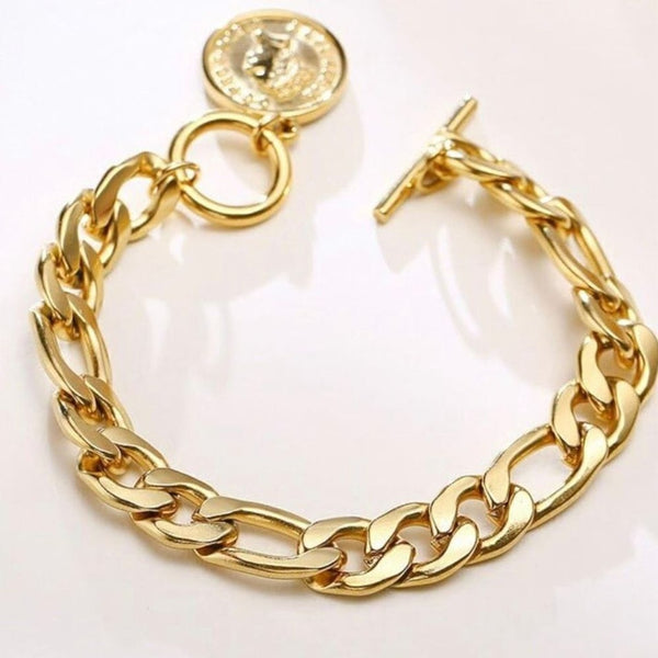 Cuban Link Chain Coin Bracelet Womens Gold Vintage Inspired