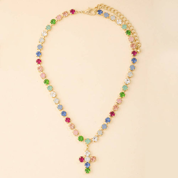 Rhinestone Cup Chain Necklace With Cross Pendant