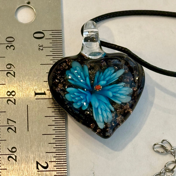 New Blown Glass Blue Floral Heart Necklace Womens Casual Boho Pendant