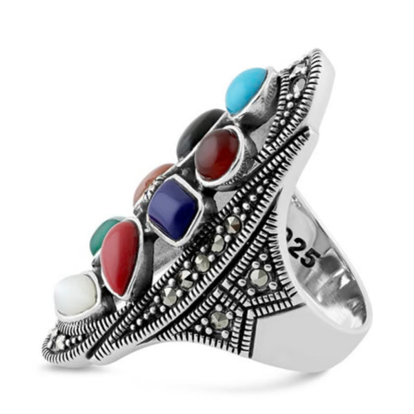 Rainbow Genuine Stone Oval Ring Womens Causal Sterling Silver Statement Jewelry