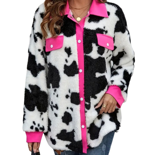 Oversized Cow Print Sherpa Snap Jacket With Snaps Womens Pink Size X Large New