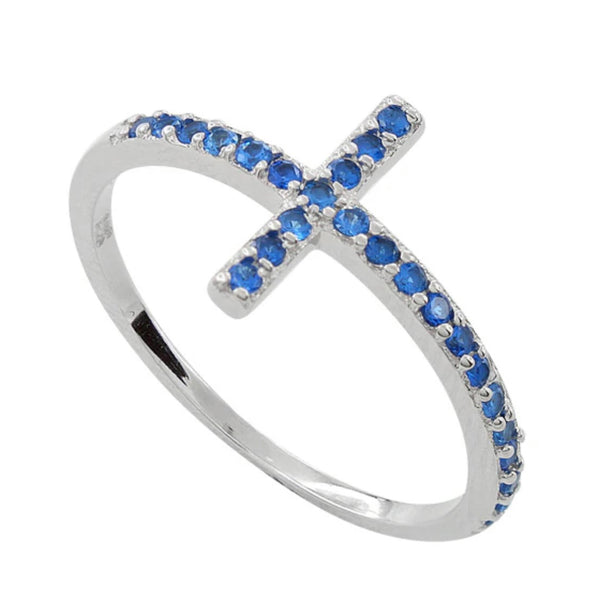 Sterling Silver Cross Blue Sapphire CZ Ring New