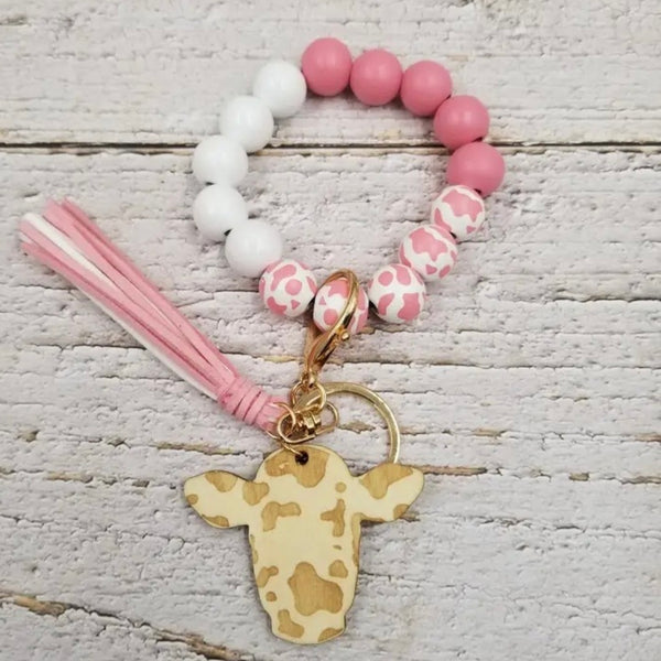 New Cute Western Cow Head Wood Round Beaded Pink Keychain With Leather Tassels