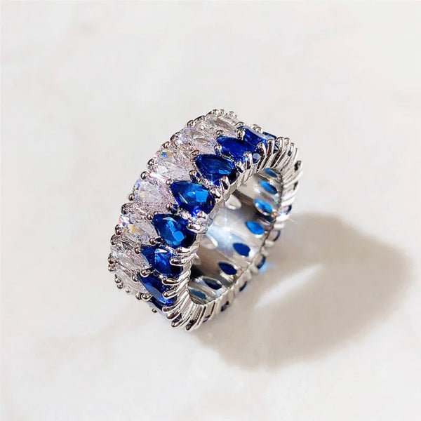 Sapphire CZ Waterdrop Crystal Double Row Eternity Ring Womens Size 8.75