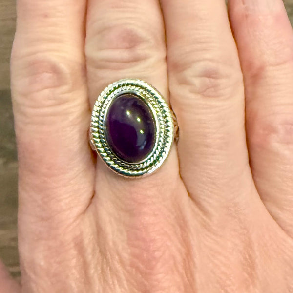 Natural Amethyst Cabochon Solitaire Sterling Silver Ring Oval Cut Bold New