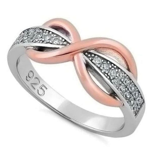 Sterling Silver Two-Tone Rose Gold Infinity Pave CZ Ring Womens Jewelry Size 6