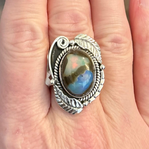 Stunning Cantera Boulder Opal Ring Southwestern Oval Leaf Framed Sterling Silver