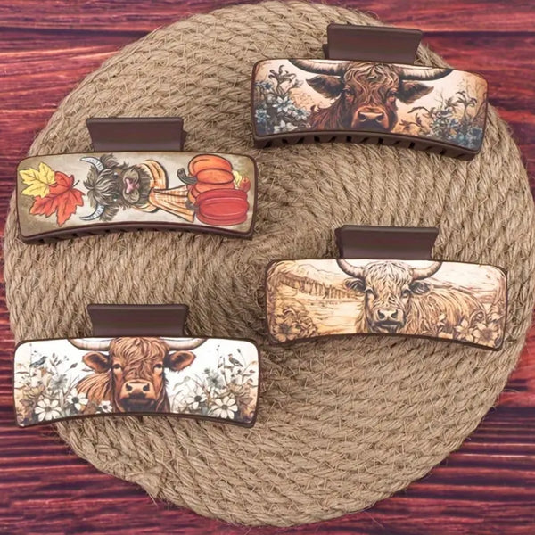 Western Cow Claw Clips Womens 4 Piece Leather Hair Boho Floral Accessory Set New