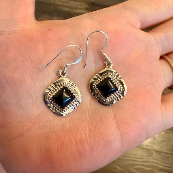 Southwestern Square Framed Genuine Black Onyx Sterling Silver Dangle Earrings