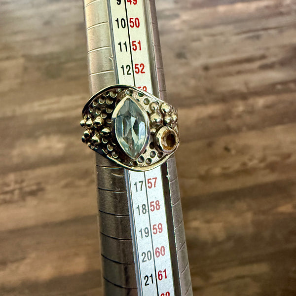 Natural Blue Topaz And Citrine Sterling Silver Ring Marquise Cut Bali Framed 7