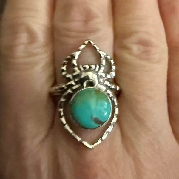 Round Turquoise Spider Boho Ring Sterling Silver Southwestern Sz 6