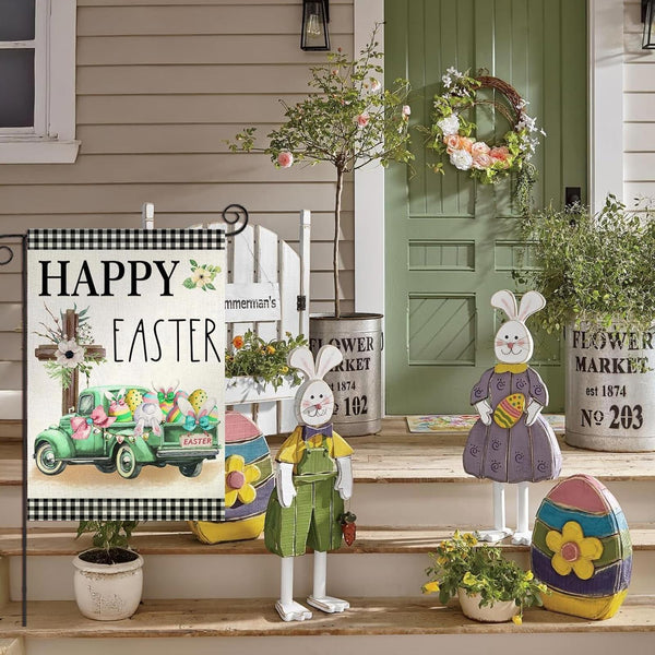 Happy Easter Garden Flag 12X18 Inch Double Sided Buffalo Plaid with Truck Cross